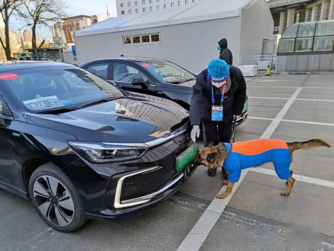 训导员冯雷和他的警犬“卡流丁”在冬奥场馆外对车辆进行安检。.jpg