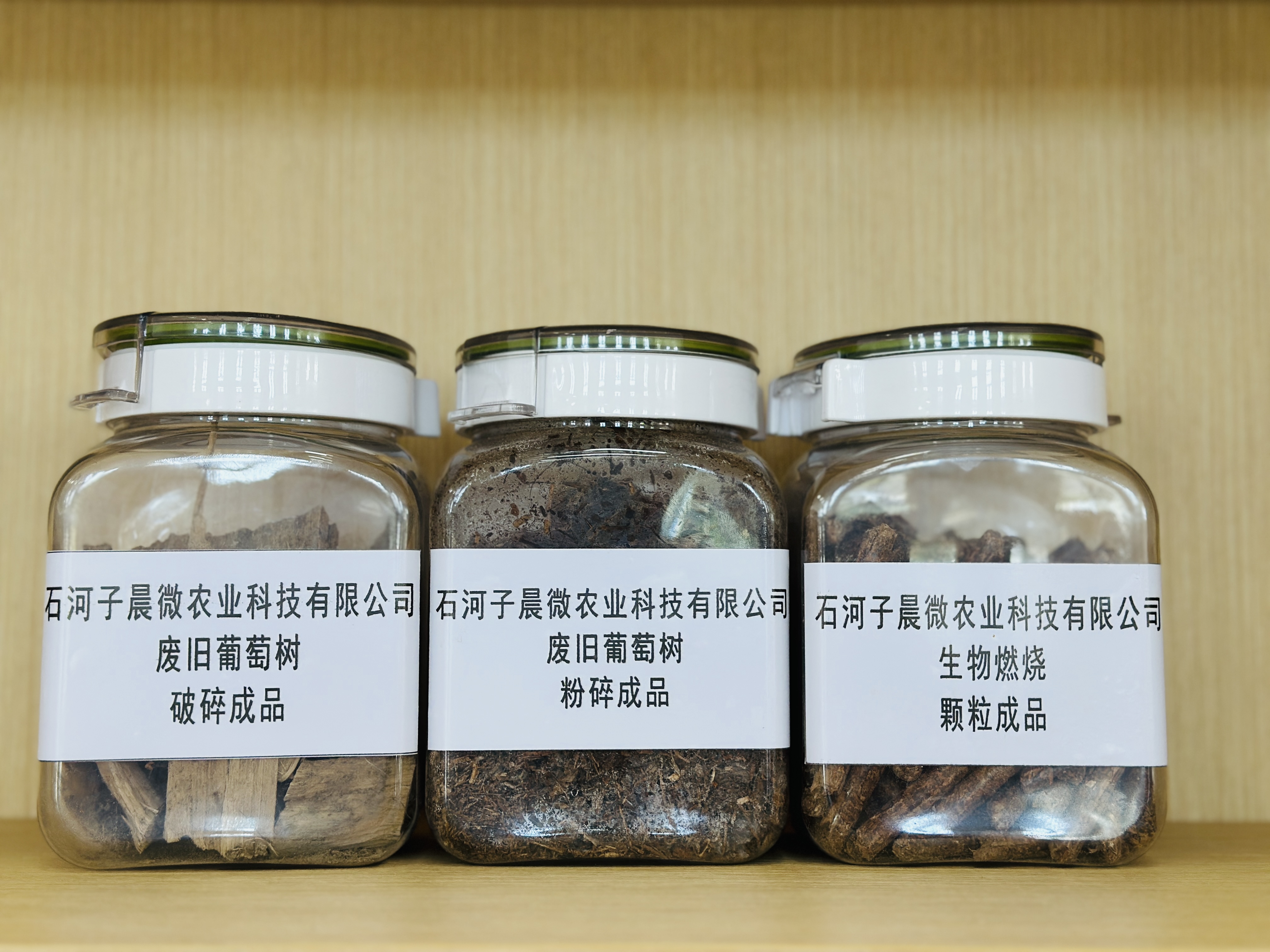 由废旧葡萄树枝加工的粉碎以及颗粒成品。李萍 摄.jpg