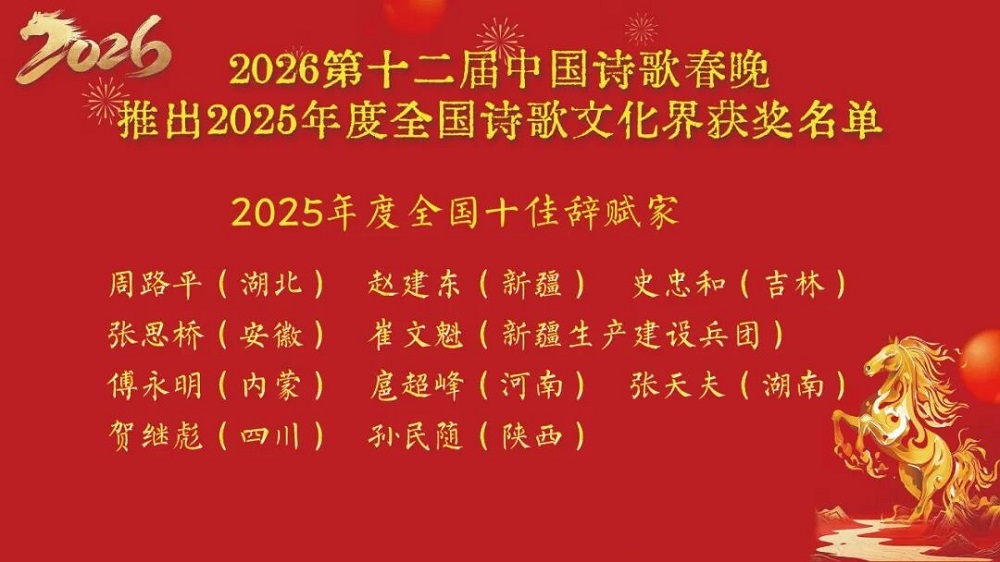 2月9日，2026年第十二届中国诗歌春晚推出2025年度全国诗歌文化界获奖名单，新疆生产建设兵团崔文魁被评为“全国十佳辞赋家”，成为兵团首个获此殊荣的辞赋创作者。.jpg